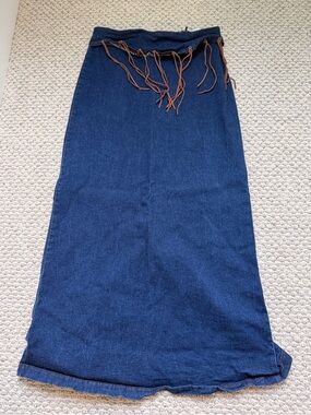 VTG Denim Maxi Skirt with Fringe Waist - Blue